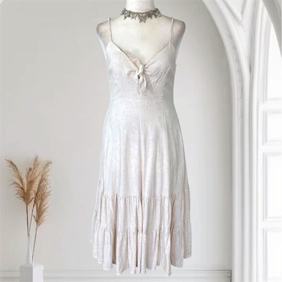 Nude Cream Linen Rayon Blend Romantic Cottage Core Linen Tiered Midi Dress S - Picture 1 of 8
